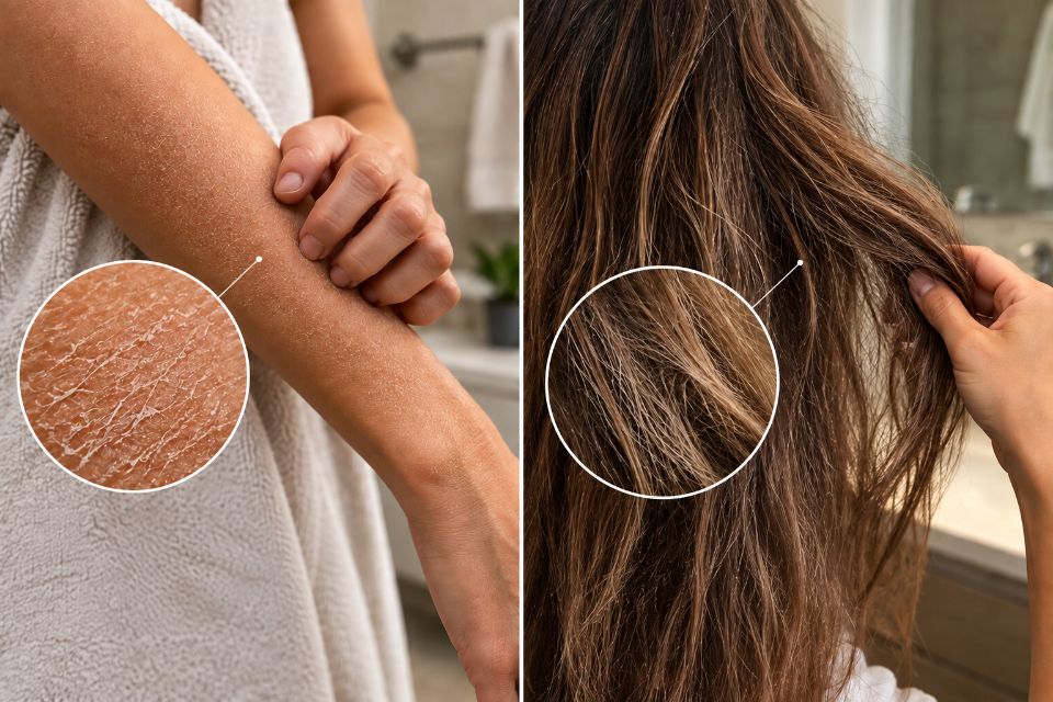 Close-ups of dry skin on an arm and dry, frizzy hair