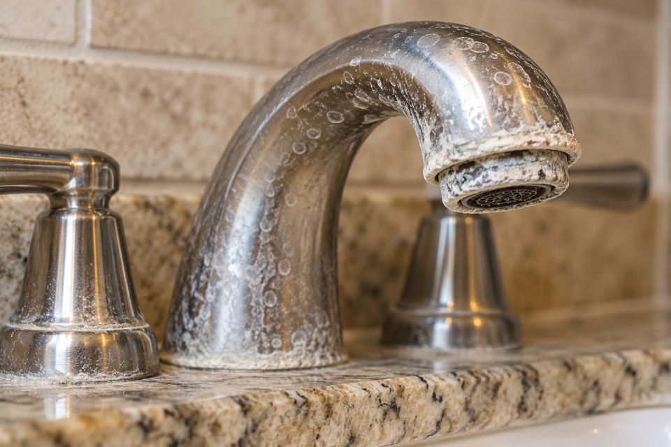 Bathroom faucet crusted with white hard-water scale