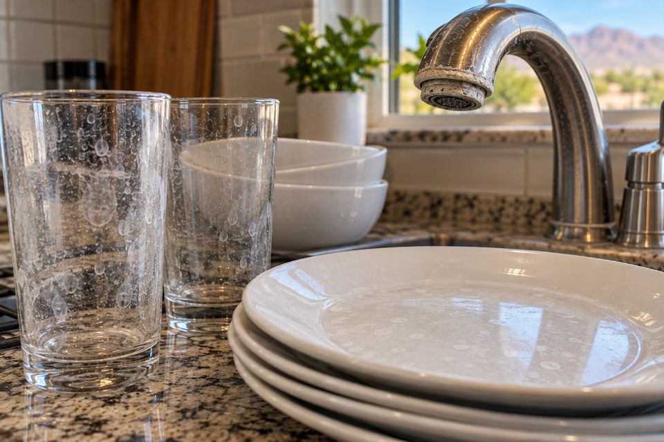 Spotted drinking glasses and plates next to a kitchen sink