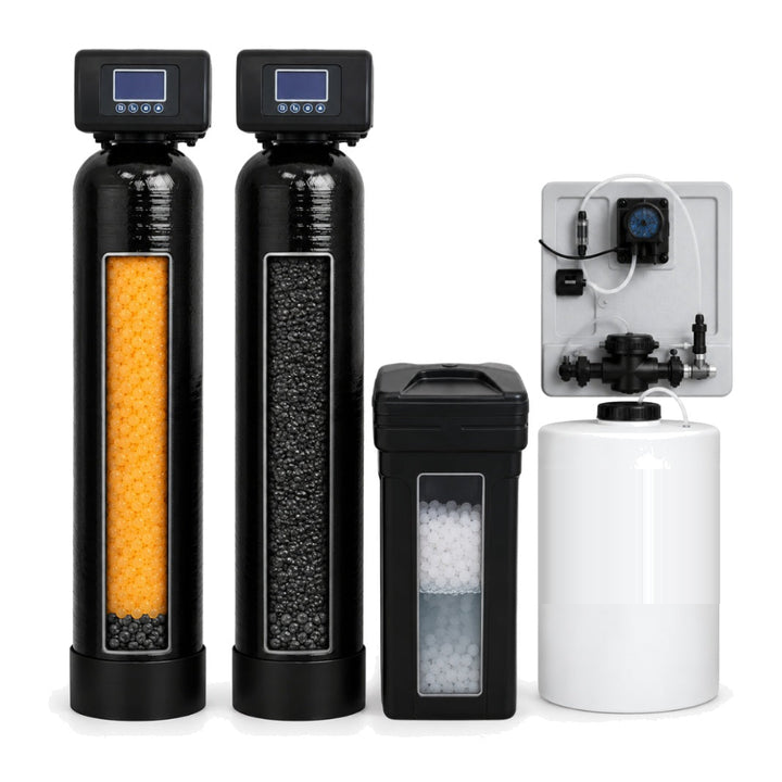 Iron and sulfur removal system with peroxide injection panel, holding tank, and softener